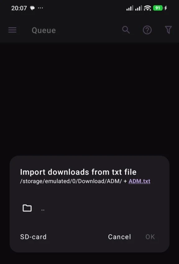 پنجره Import downloads from txt file در ADM اندروید
